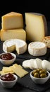 Variety of Cheeses with Olives and Jam on Dark Background Royalty Free Stock Photo