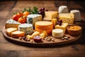 Variety of Cheeses on Rustic Wooden Plate Royalty Free Stock Photo