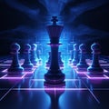 variety of chess pieces placed on a flat surface with a glowing background and lights