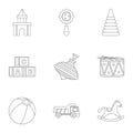 Variety of children toys icon set, outline style Royalty Free Stock Photo