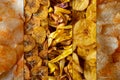 Variety chips of potato, banana, jackfruit and cassava. Kinds of common chips both sweet and tangy