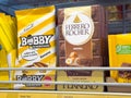 Variety of chocolate bars on store shelf featuring bobby and ferrero rocher Royalty Free Stock Photo
