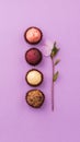 A variety of chocolate candies on a purple background decorated with fresh flowers. A place for design.
