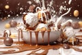 Variety Chocolate Pralines and Pieces Splashed Falling into Liquid Hot Chocolate extreme closeup. Generative AI Royalty Free Stock Photo