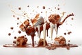 Variety Chocolate Pralines and Pieces Splashed Falling into Liquid Hot Chocolate extreme closeup. Generative AI Royalty Free Stock Photo
