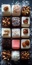 A variety of chocolates with nuts and powdered sugar on a table Royalty Free Stock Photo