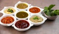 A variety of chutneys served in small bowls ready to be paired with snacks