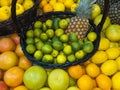 A variety of citrus fruits in the basket - limes, sweetie, lemons, oranges and others. Royalty Free Stock Photo