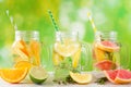 Variety of citrus infused water drinks in mason jars against a summer background