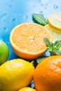 Variety of Citrus Organic Fruits Whole and Halved Oranges Sliced Lemons Lime Fresh Mint Leaves on Blue Background with Water Drops Royalty Free Stock Photo