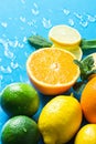 Variety of Citrus Organic Fruits Whole and Halved Oranges, Sliced Lemons Lime Fresh Mint on Light Blue Background with Water Drops Royalty Free Stock Photo