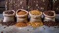 Variety of Coffee Beans and Grounds in Burlap Bags Royalty Free Stock Photo