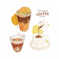 Variety of coffee, hand draw watercolor vector