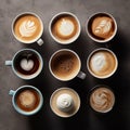 Variety of coffee like cappuccino, espresso, milk coffee, hot drink for breakfast, take a break