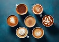 Variety of coffee like cappuccino, espresso, milk coffee, hot drink for breakfast, take a break