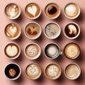 Variety of coffee like cappuccino, espresso, milk coffee, hot drink for breakfast, take a break, generative AI