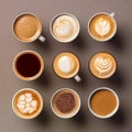 Variety of coffee like cappuccino, espresso, milk coffee, hot drink for breakfast, take a break