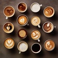 Variety of coffee like cappuccino, espresso, milk coffee, hot drink for breakfast, take a break