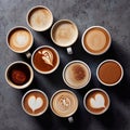 Variety of coffee like cappuccino, espresso, milk coffee, hot drink for breakfast, take a break, generative AI