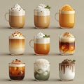 variety of coffee and milk cold drinks