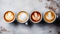 Variety of coffee mugs in different shapes and sizes placed on a white stone table top view Royalty Free Stock Photo