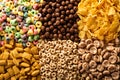 Variety of cold cereals overhead Royalty Free Stock Photo