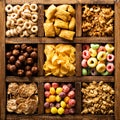 Variety of cold cereals in a wooden box overhead Royalty Free Stock Photo