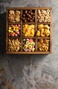 Variety of cold cereals in a wooden box overhead Royalty Free Stock Photo