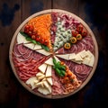 Variety of cold cuts on a wooden board, top view.