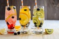 Variety of cold lemonade with fruit and berries Royalty Free Stock Photo