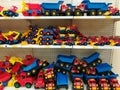 Variety of colored trucks at Jumbo store
