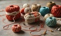 A variety of colored yarn is laid out on a table, including orange, white, and brown yarn. Royalty Free Stock Photo