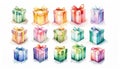 A variety of colorful abstract christmas gifts on white painting Royalty Free Stock Photo