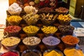 Variety of colorful Arabic spices and herbs on the Arab street market stall. Dubai Grand Spice Souk old souq Royalty Free Stock Photo