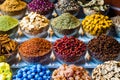 Variety of colorful Arabic spices and herbs on the Arab street market stall. Dubai Grand Spice Souk old souq, Royalty Free Stock Photo