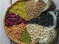 Variety of colorful beans and legumes arranged on a platter Royalty Free Stock Photo