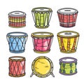 Variety colorful cartoon drums handdrawn isolated. Assorted percussion instruments design vibrant