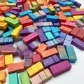 Variety of colorful clay plasticine pieces, bricks lie on white background. Lumpy dough, play kids creativity material