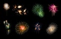 Variety of colorful fireworks isolated on black background Royalty Free Stock Photo