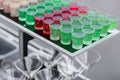 Variety of colorful green red and white beautiful alcohol sweet shooters shots cocktail fresh beverage in small glasses Royalty Free Stock Photo