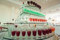 Variety of colorful green yellow and red alcohol shots in small glasses standing in row on a glass stand Royalty Free Stock Photo