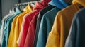 A variety of colorful hoodies and sweatshirts hanging on hangers in a clothing store, Ai Generated