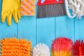 Variety of colorful house cleaning products. Royalty Free Stock Photo