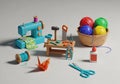 A variety of colorful, low-poly craft tools and materials are featured Royalty Free Stock Photo