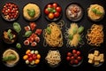 Variety of colorful pastas arranged on a ceramic dinnerware set, AI-generated.