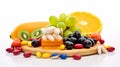 Variety of colorful pills, vitamins and fruits