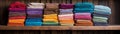 A variety of colorful, plush towels folded neatly and stacked upon a rustic wooden shelf