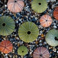 Variety of colorful sea urchins on wet pebbles beach top view Royalty Free Stock Photo