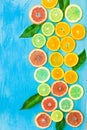 Variety of colorful sliced citrus fruits oranges, grapefruits, lemons, limes with green leaves on blue background, styled composit Royalty Free Stock Photo