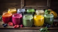 Variety of Colorful Smoothies on Wooden Surface Royalty Free Stock Photo